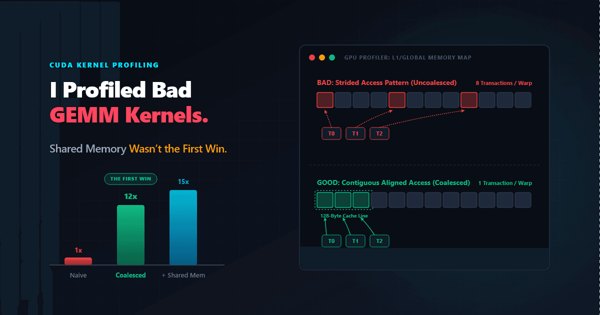 Featured image for I Profiled Bad GEMM Kernels. Shared Memory Wasn’t the First Win.